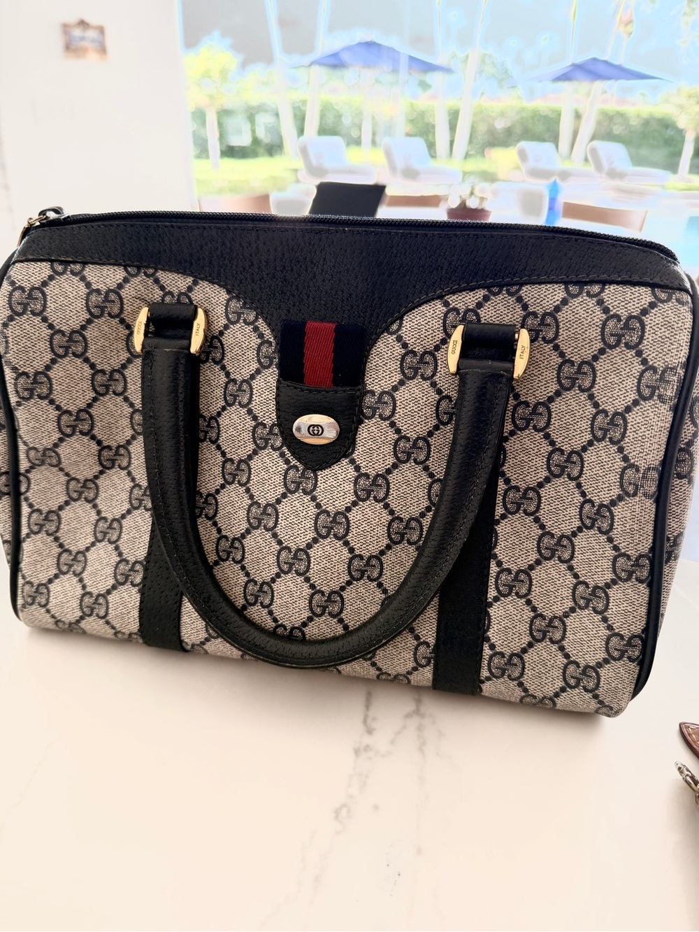 Gucci Beige GG Supreme Canvas Satchel with Black Trim and Red-Blue Web
